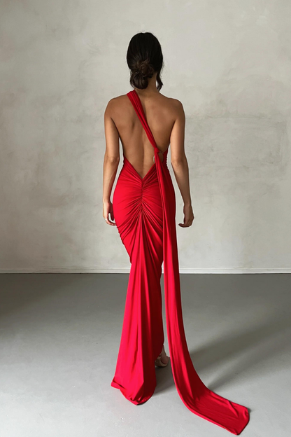 ESMERALDA OBLIQUE SHOULDER MAXI DRESS - ROSE - Red - M