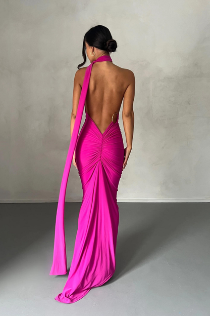 ESMERALDA OBLIQUE SHOULDER MAXI DRESS - ROSE - Red - M