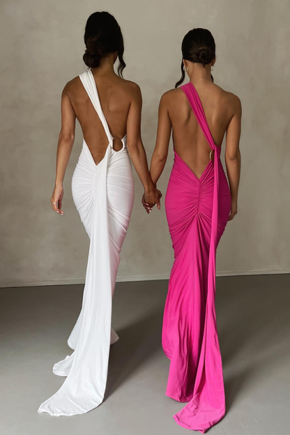 ESMERALDA OBLIQUE SHOULDER MAXI DRESS - ROSE - Red - M