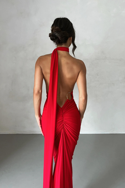 ESMERALDA OBLIQUE SHOULDER MAXI DRESS - ROSE - Red - M