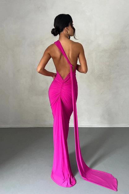 ESMERALDA OBLIQUE SHOULDER MAXI DRESS - ROSE - Red - M