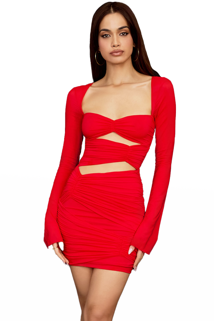 LETICIA LONG SLEEVE MINI DRESS - RED - Red - M
