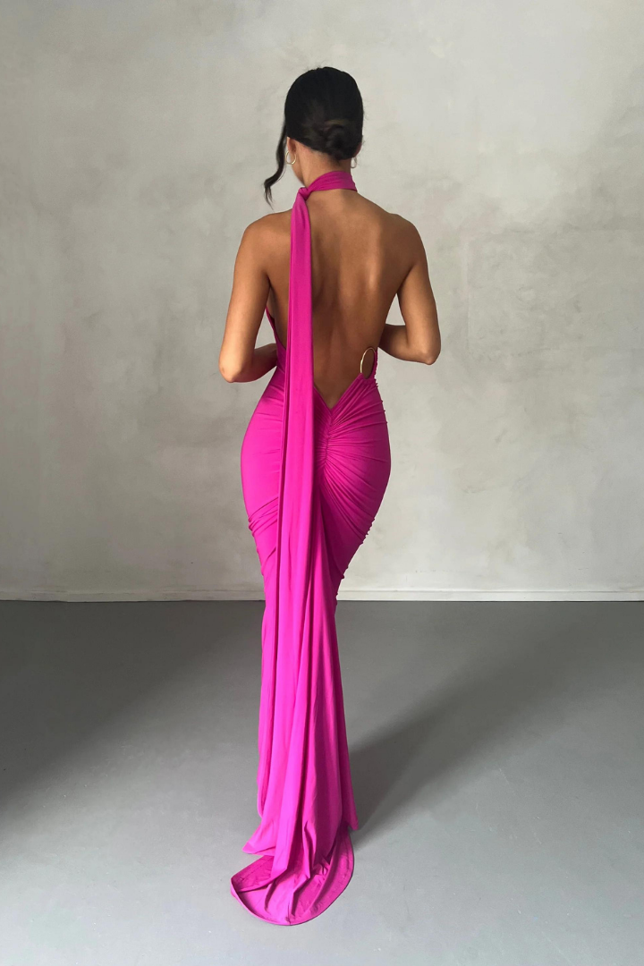 ESMERALDA OBLIQUE SHOULDER MAXI DRESS - ROSE - Red - M