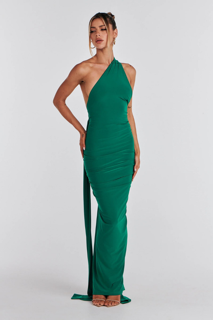ESMERALDA OBLIQUE SHOULDER MAXI DRESS - ROSE - Red - M