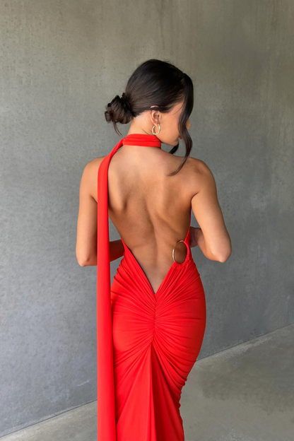 ESMERALDA OBLIQUE SHOULDER MAXI DRESS - ROSE - Red - M