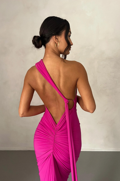 ESMERALDA OBLIQUE SHOULDER MAXI DRESS - ROSE - Red - M
