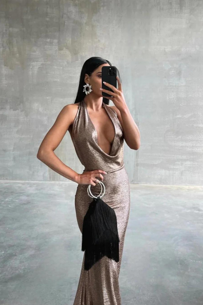 ISABELLA HALTER MAXI DRESS - BRONZE GOLD 