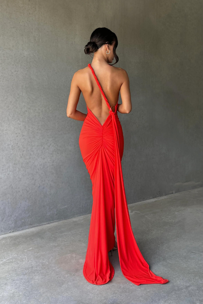ESMERALDA OBLIQUE SHOULDER MAXI DRESS - ROSE - Red - M