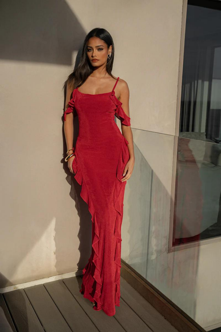 CRUZ RUFFLE MAXI DRESS - RED - Black - M
