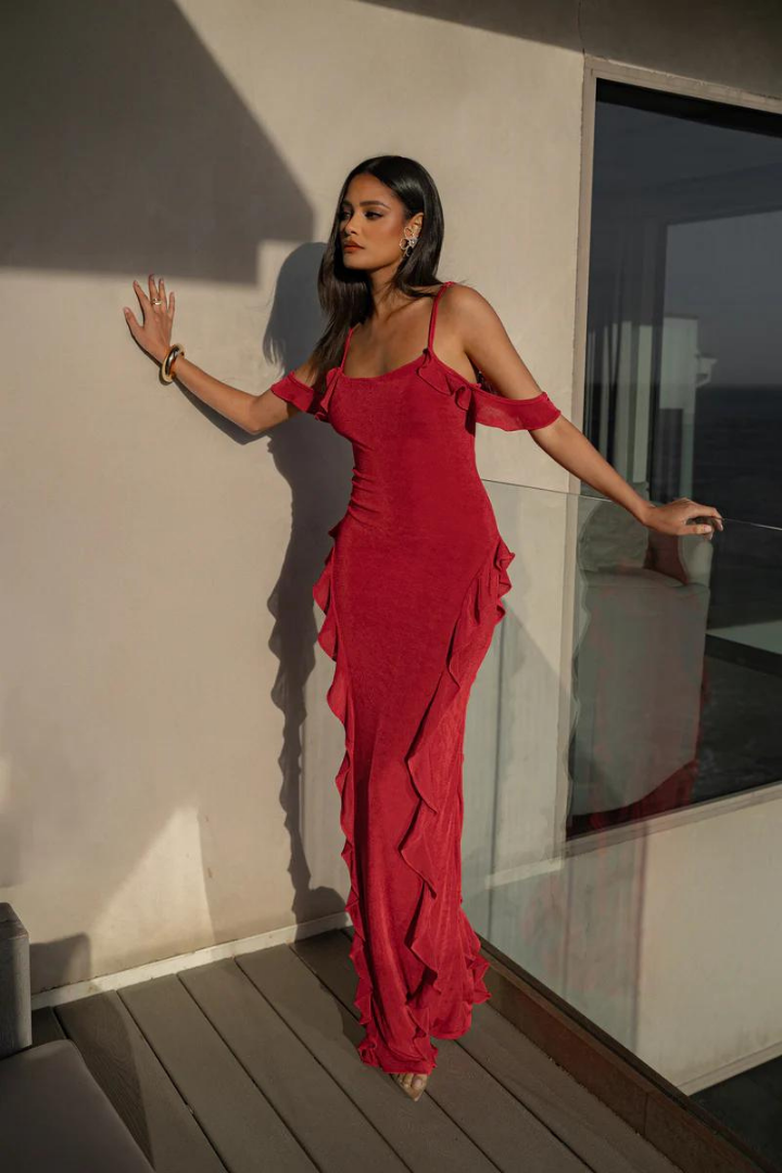 CRUZ RUFFLE MAXI DRESS - RED - Black - M