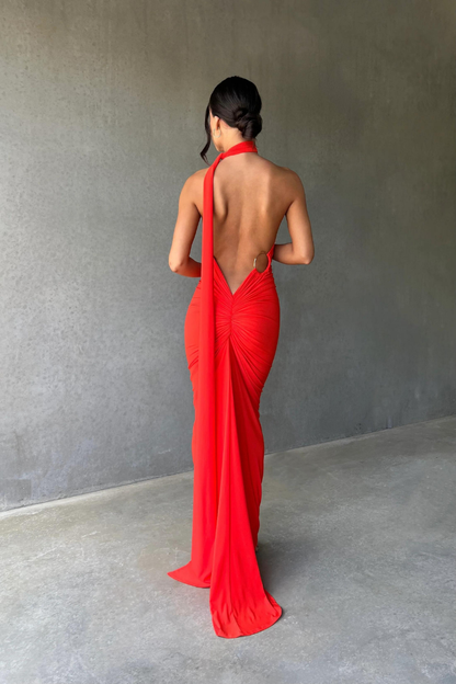 ESMERALDA OBLIQUE SHOULDER MAXI DRESS - ROSE - Red - M