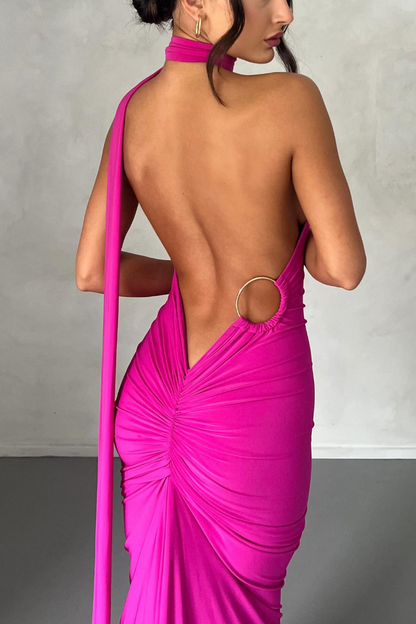 ESMERALDA OBLIQUE SHOULDER MAXI DRESS - ROSE - Red - M