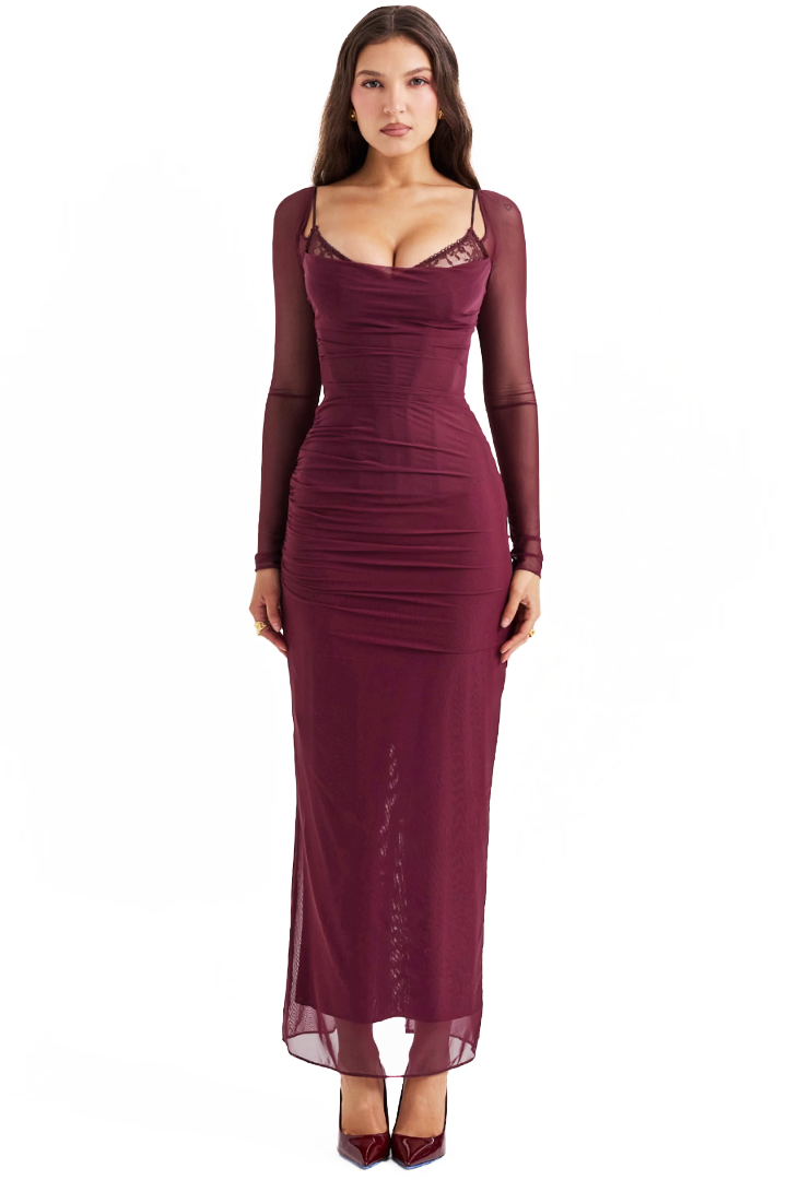 LORNA LONG SLEEVE MAXI DRESS - BURGUNDY