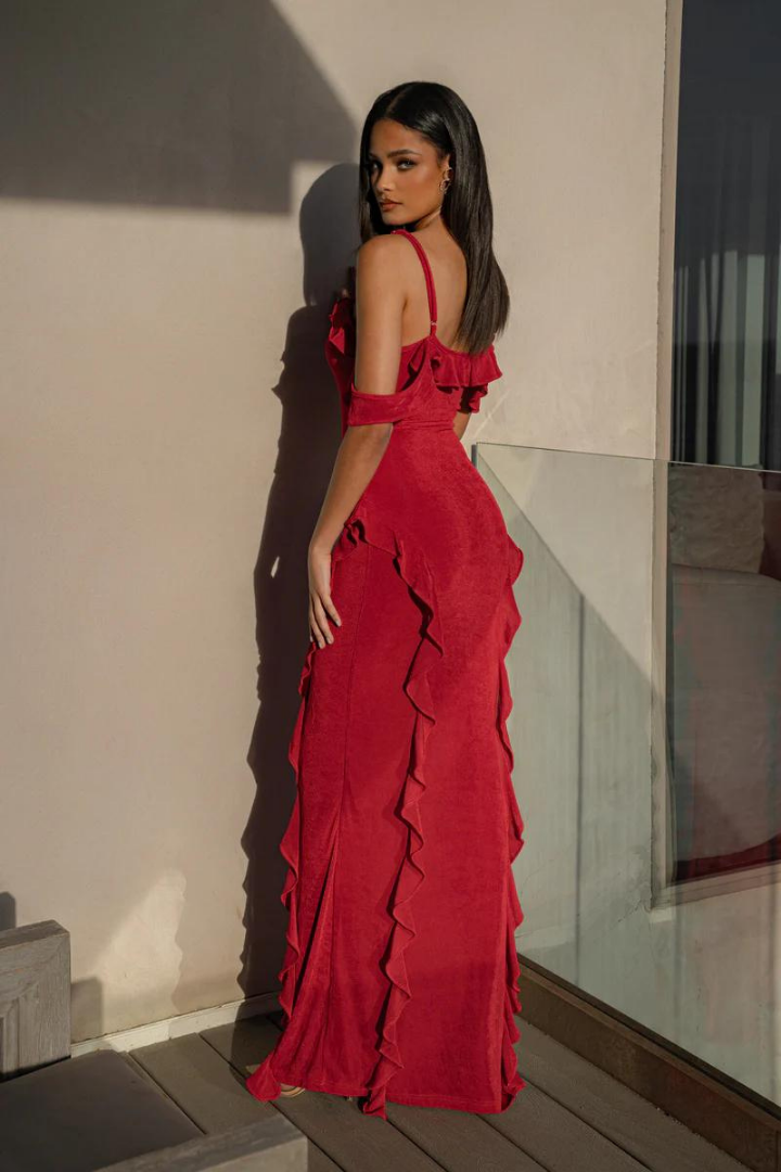CRUZ RUFFLE MAXI DRESS - RED - Black - M