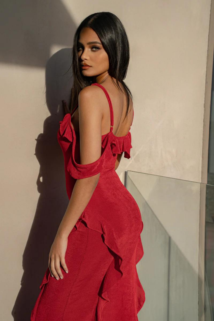 CRUZ RUFFLE MAXI DRESS - RED - Black - M