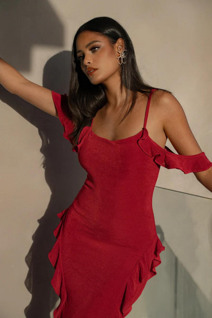 CRUZ RUFFLE MAXI DRESS - RED - Black - M
