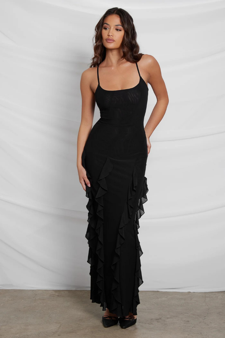 CRUZ RUFFLE MAXI DRESS - RED - Black - M