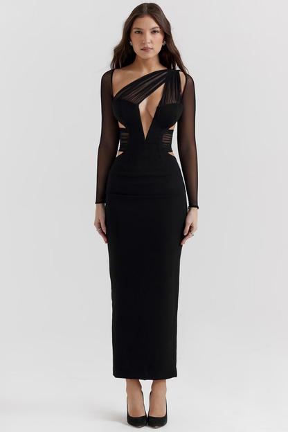 GERTRUDE LONG SLEEVE MAXI DRESS - BLACK - Yellow - L 