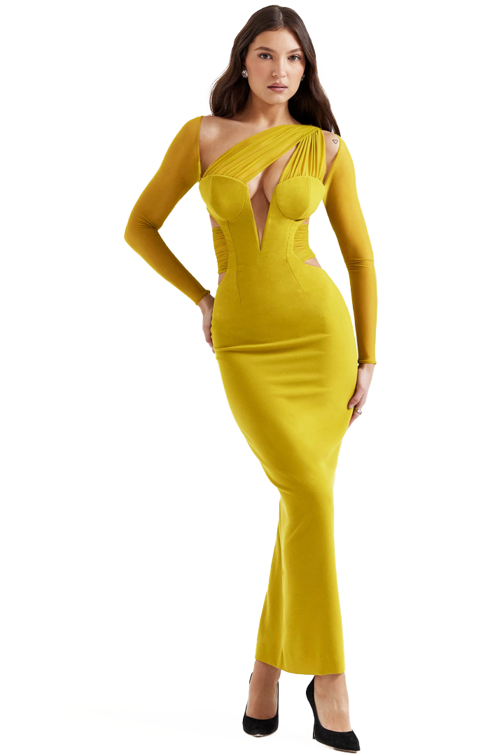 GERTRUDE LONG SLEEVE MAXI DRESS - BLACK - Yellow - L 