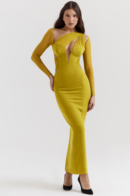 GERTRUDE LONG SLEEVE MAXI DRESS - BLACK - Yellow - L 