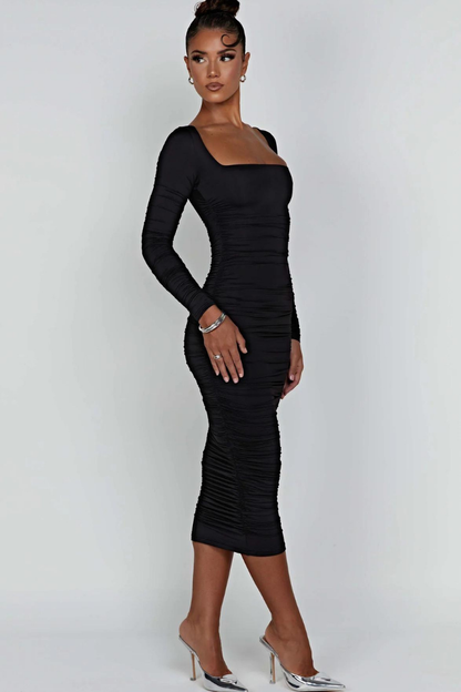 BRIELLA LONG SLEEVE MIDI DRESS - BLACK
