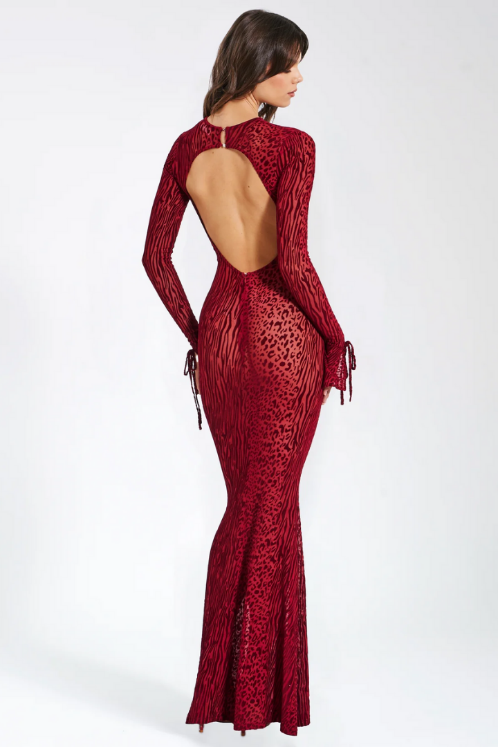 DAYANARA MAXI DRESS -BURGUNDY BURNOUT