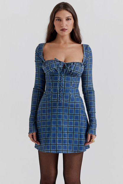 YESENIA LONG SLEEVE MINI DRESS - BLUE TARTAN