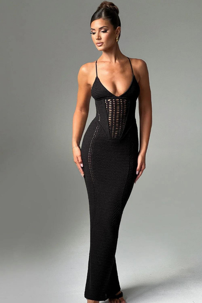 CATALINA MAXI KNIT DRESS - BLACK - White - M