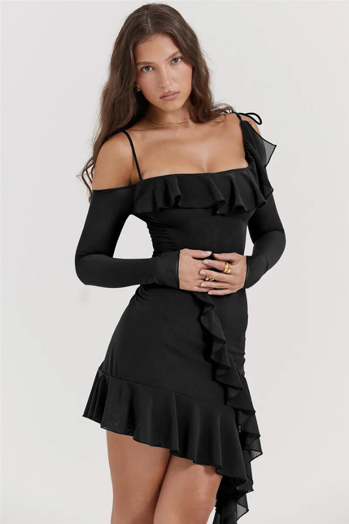 VIDA RUFFLE MINI DRESS - Black - M