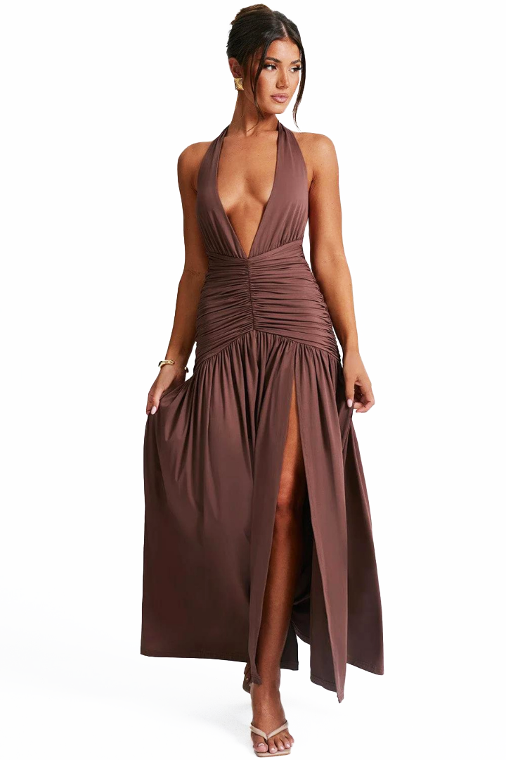 SOFÍA HALTER MAXI DRESS - BROWN