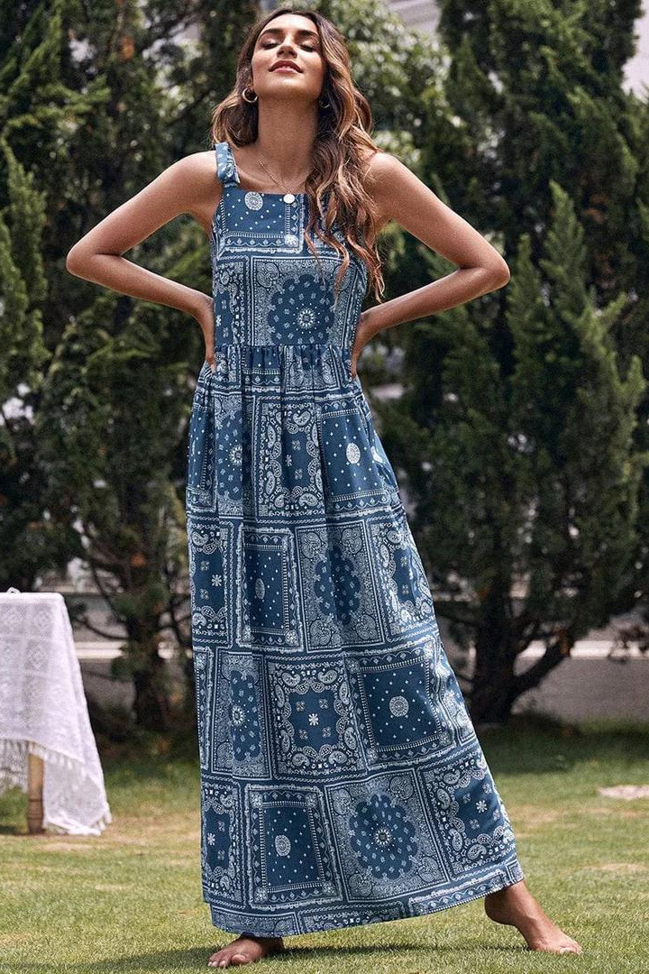 ZAIRE LONG SLEEVE MAXI DRESS - DECORATED BLUE