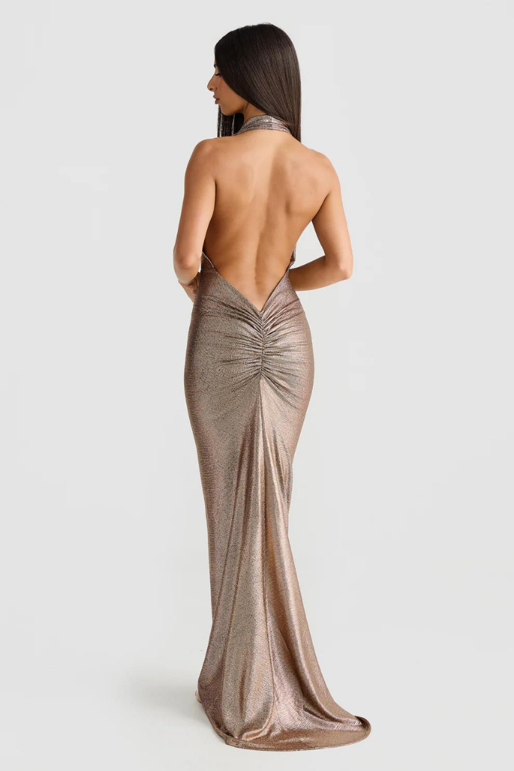 ISABELLA HALTER MAXI DRESS - BRONZE GOLD 