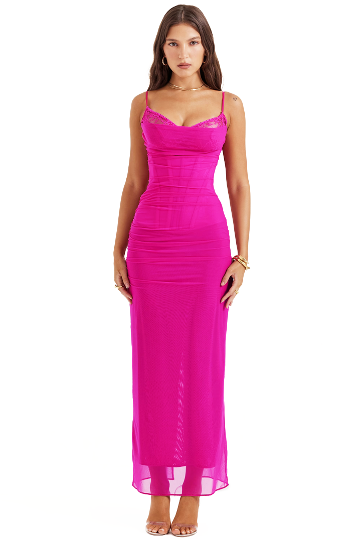 SARA TWO LAYER MESH MAXI DRESS - Gray - M