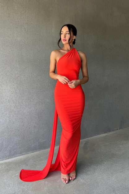ESMERALDA OBLIQUE SHOULDER MAXI DRESS - ROSE - Red - M