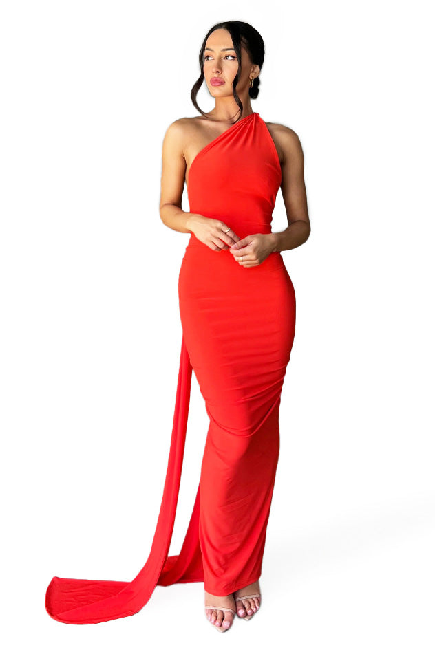 ESMERALDA OBLIQUE SHOULDER MAXI DRESS - ORANGE