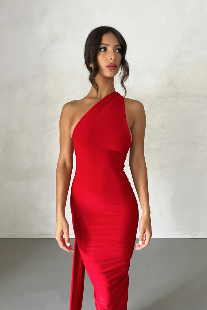 ESMERALDA OBLIQUE SHOULDER MAXI DRESS - ROSE - Red - M