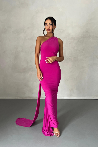 ESMERALDA OBLIQUE SHOULDER MAXI DRESS - ROSE - Red - M