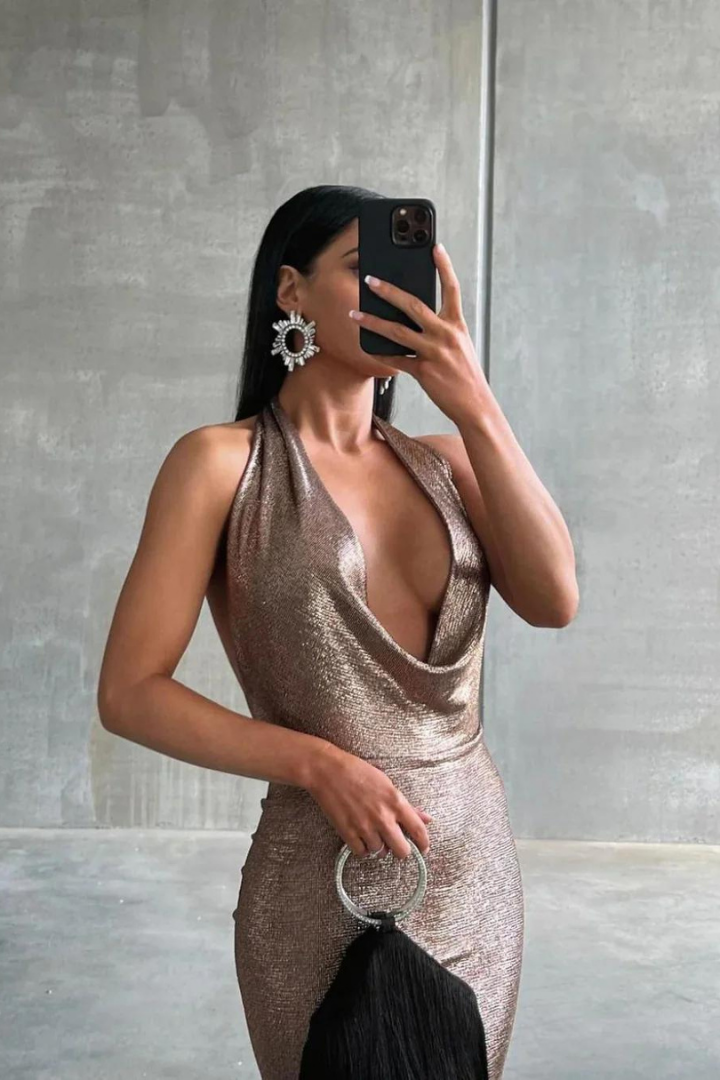 ISABELLA HALTER MAXI DRESS - BRONZE GOLD 