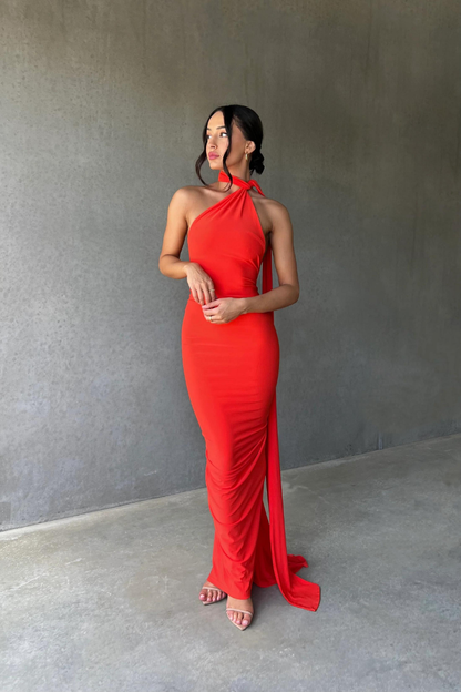ESMERALDA OBLIQUE SHOULDER MAXI DRESS - ROSE - Red - M