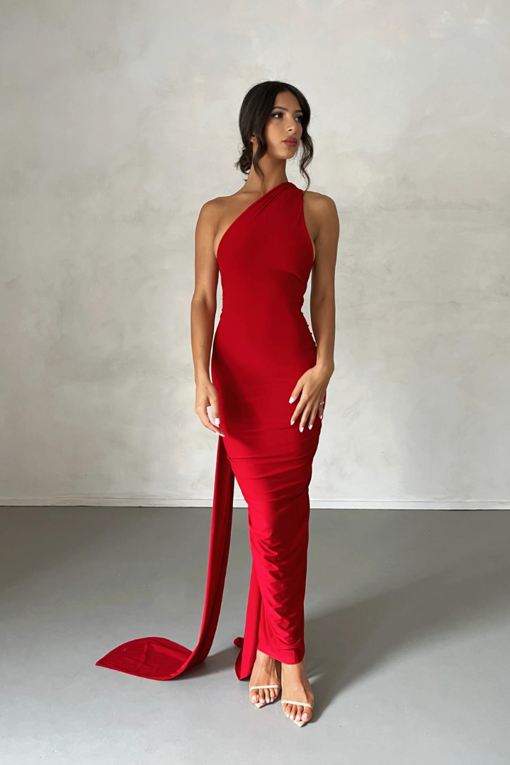 ESMERALDA OBLIQUE SHOULDER MAXI DRESS - ROSE - Red - M
