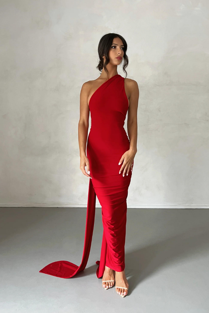 ESMERALDA OBLIQUE SHOULDER MAXI DRESS - ROSE - Red - M