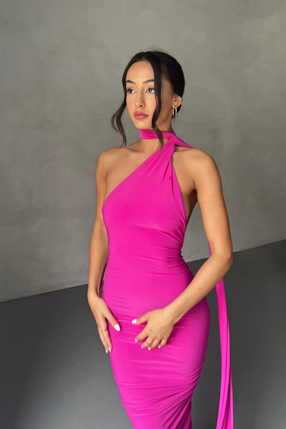 ESMERALDA OBLIQUE SHOULDER MAXI DRESS - ROSE - Red - M