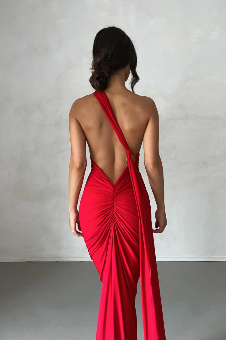 ESMERALDA OBLIQUE SHOULDER MAXI DRESS - ROSE - Red - M