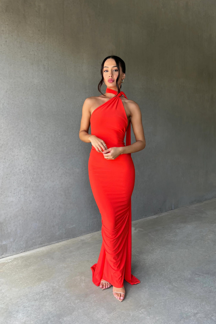 ESMERALDA OBLIQUE SHOULDER MAXI DRESS - ROSE - Red - M