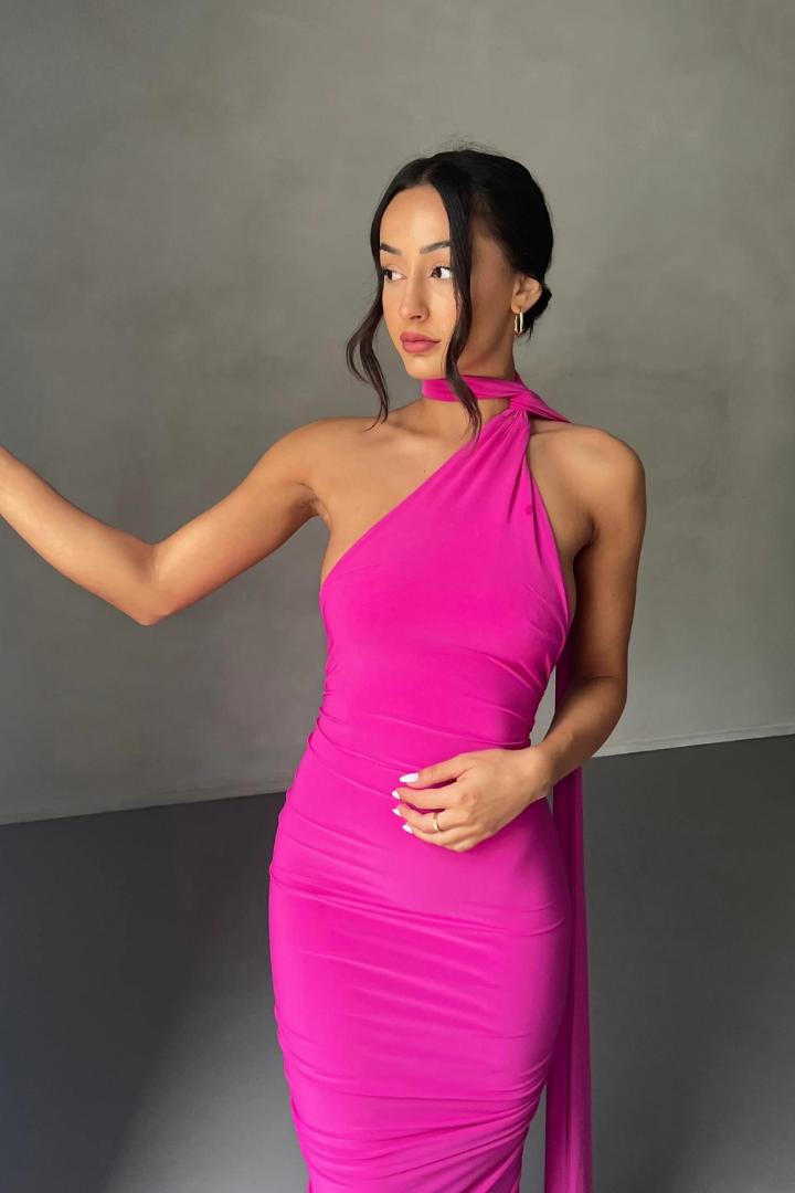 ESMERALDA OBLIQUE SHOULDER MAXI DRESS - ROSE - Red - M