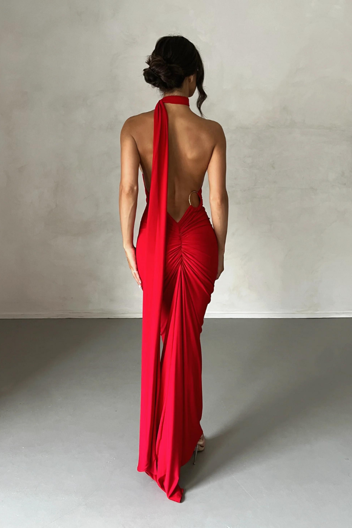 ESMERALDA OBLIQUE SHOULDER MAXI DRESS - ROSE - Red - M