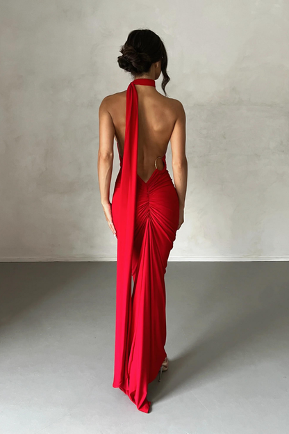ESMERALDA OBLIQUE SHOULDER MAXI DRESS - ROSE - Red - M