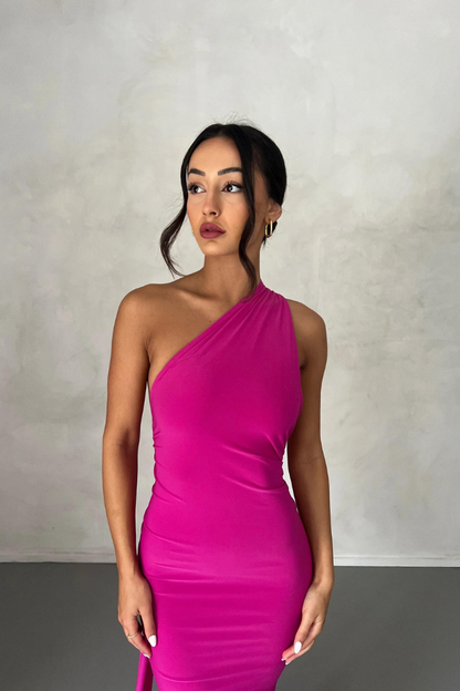 ESMERALDA OBLIQUE SHOULDER MAXI DRESS - ROSE - Red - M