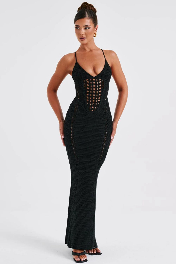 CATALINA MAXI KNIT DRESS - BLACK - White - M