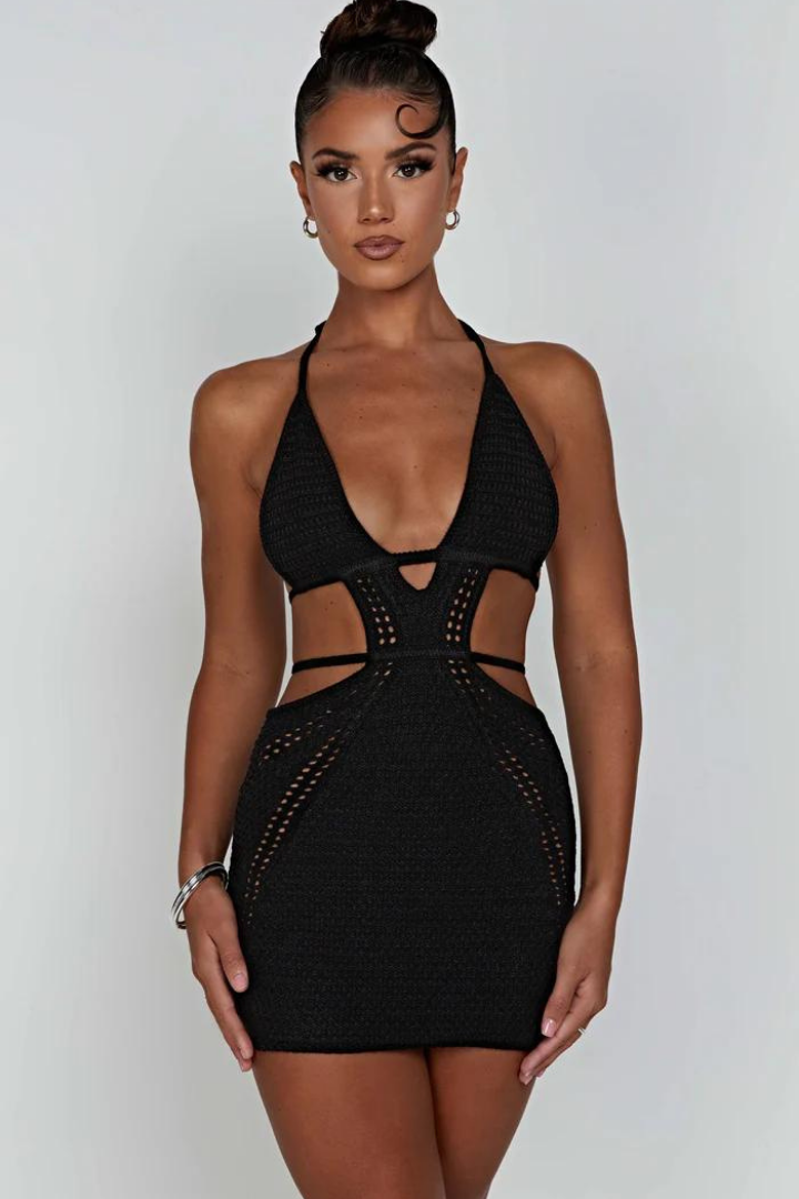 LUCIANA HALTER MINI DRESS - BLACK - White mini - M